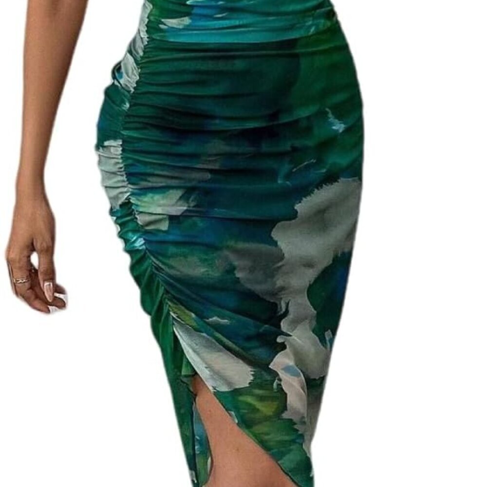 Women's Summer Dress Polyester Spandex Bodycon Ruched Midi Dress for Casual and